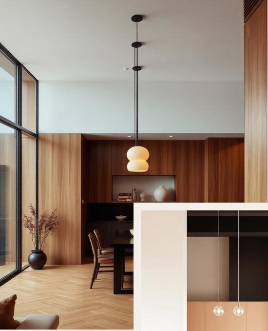Interior ruang makan dengan panel kayu dan lampu gantung